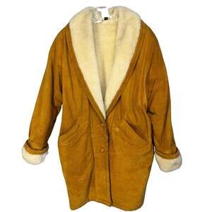Vintage Suede Shearling Coat Womens M Tan Rancher Shawl Collar Western